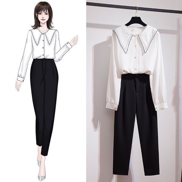 

pant sets 2020 autumn korea long sleeve white chiffon blouse shirt black two piece office sets, Gray