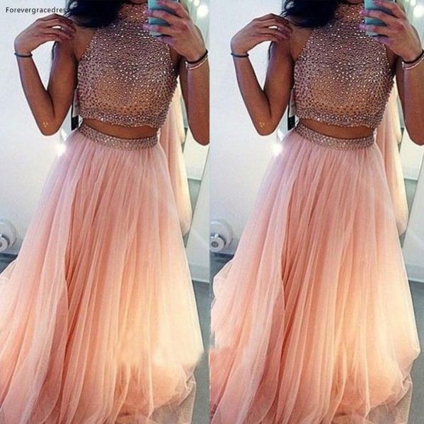 

party dresses coral high neck two pieces prom dress long tulle beaded evening gown custom made plus size, White;black