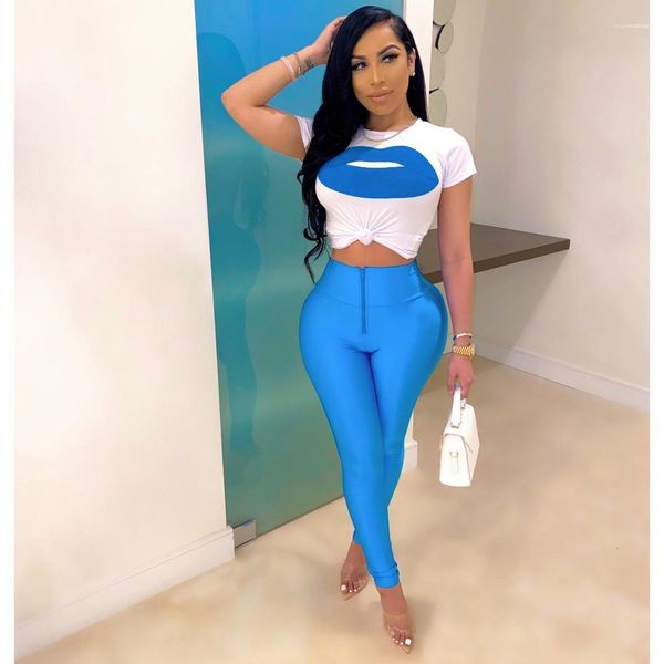 

zipper tights sport suit womens tshirt tights tracksuit fashion blue lips pattern short sleeved tshirt blue, Gray