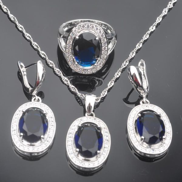 

2020 new women's silver color jewelry sets blue zirconia ring necklace and earrings set qz096