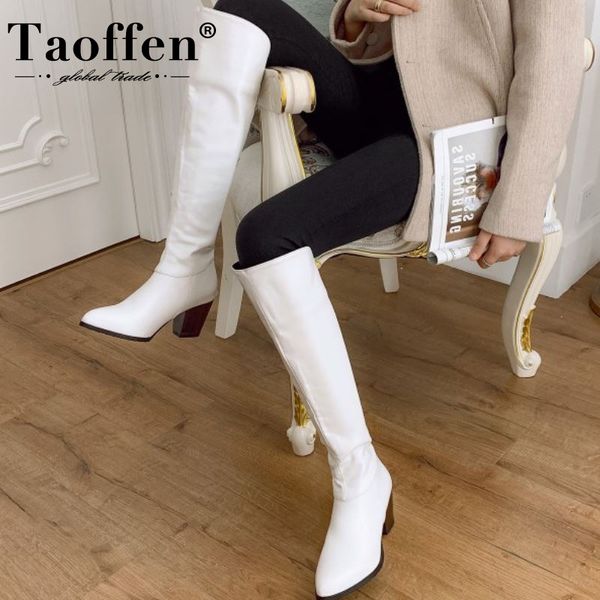

taoffen women long boots fashion thick heel winter shoes woman warm zipper knee high boot office lady footwear size 32-46, Black
