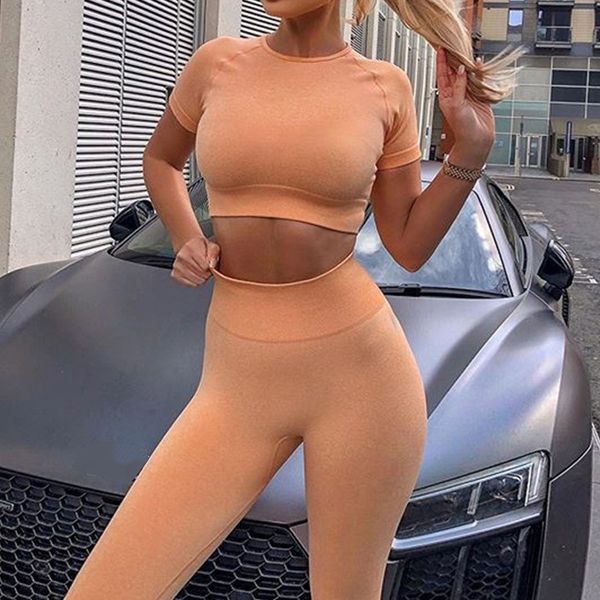 

2 piece set women seamless set women yoga sets short sleeve crop high waisted sports pants gym clothing jogging suits, White;red