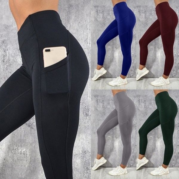 

high waist pocket sport leggings women solid push up yoga pants elastic fitness energy tights female running gym legging, White;red