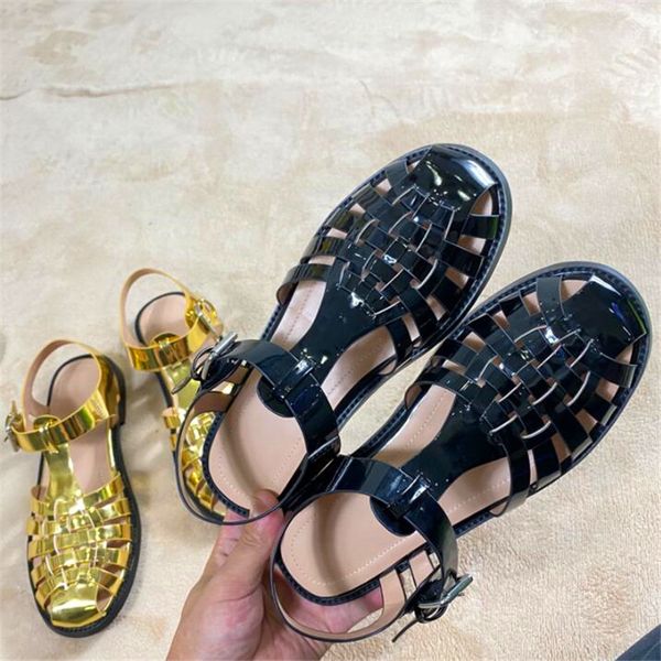 

new sandals women woven flat beach shoes hollow round toe gold black sandals summer ladies casual shoes