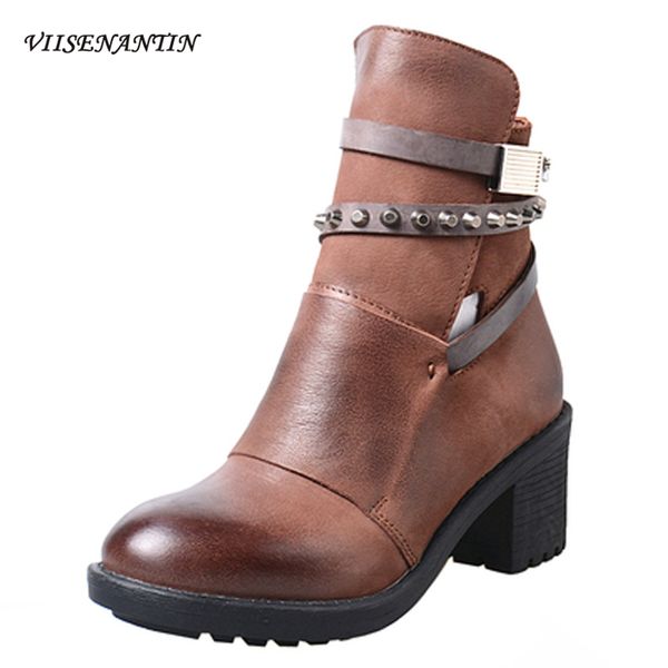 

cow leather short boots rivets belt buckle do old leather retro bootie chunky heel knight boots, Black