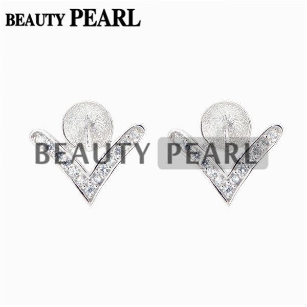 

5 pairs pearl earring settings 925 sterling silver cubic zirconia stud earring mounting diy jewelry making, Slivery;crystal