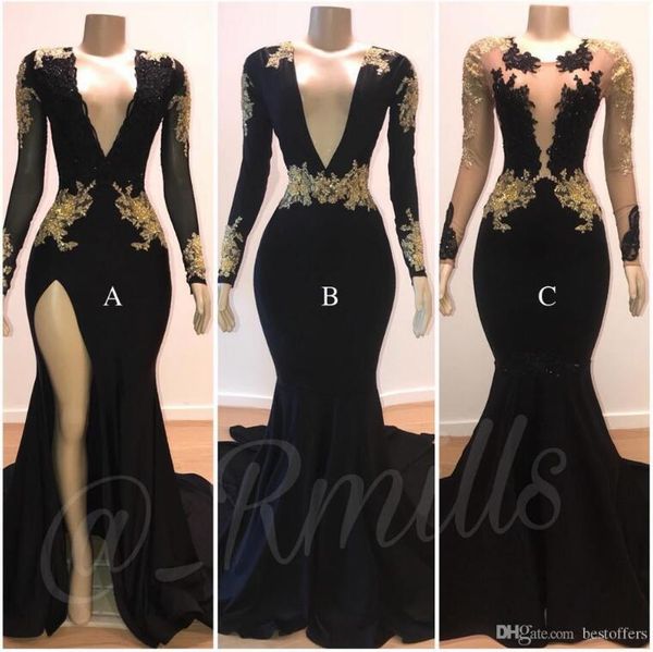 

2019 Black V Neck Lace Mermaid Prom Dresses Long Sleeves Black With Gold Lace Applique Side Split Evening Gowns African Formal Wear BC0924