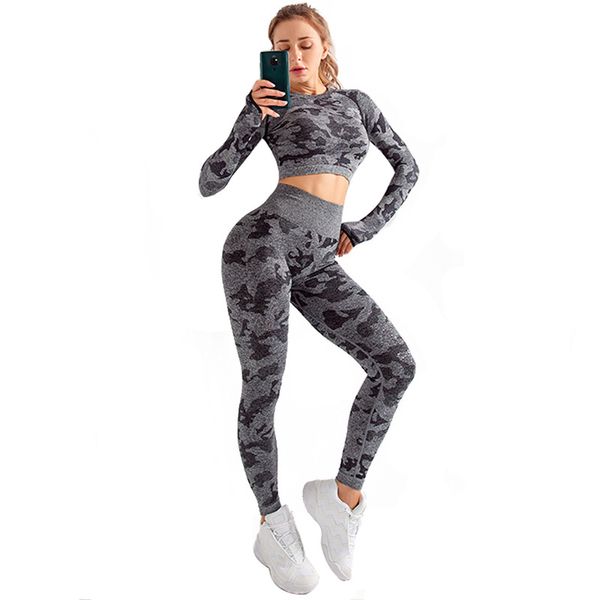 

selling seamless camouflage set women's ultra-stretch slim fit fitness yoga sports two-piece set, White;red