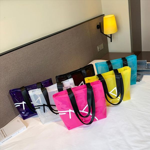

high capacity women shoulder bag candy color pig waterproof handle beach bag female sac transparent jelly bag shippong bolsos