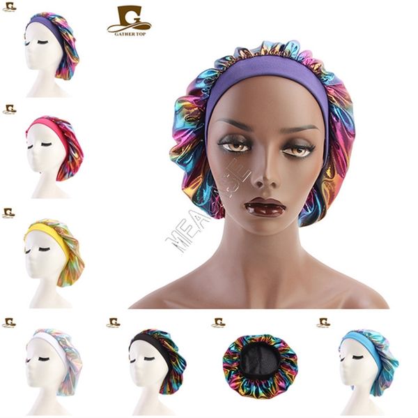 

2020 laser muslim women sleeping turban hat fashion wide stretch silk satin breathable bandana bonnet skull cap chemo hats ornament d82702, Silver