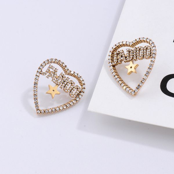 

vintage heart-shaped diamond earrings letters designer earrings brooch hairpin women brand love earrings stud jewelry accessories, Golden