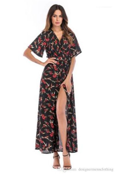 

beach causal cool dress summer floral split women dresses deep v neck short sleeve loose dress, Black;gray