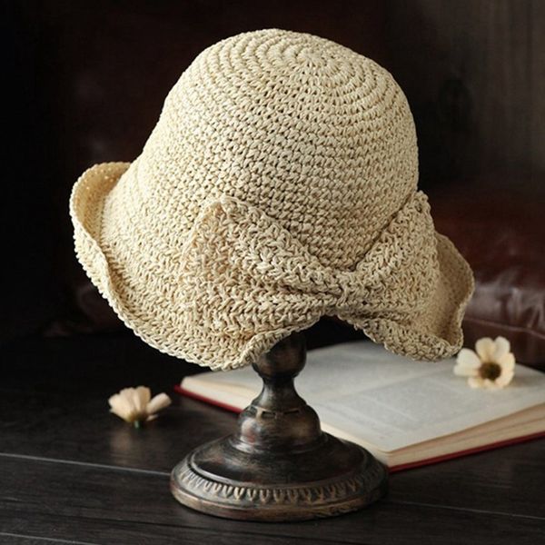 

new fashion raffia bow sun hat wide brim floppy summer hats for women beach panama straw dome bucket hat femme shade, Blue;gray