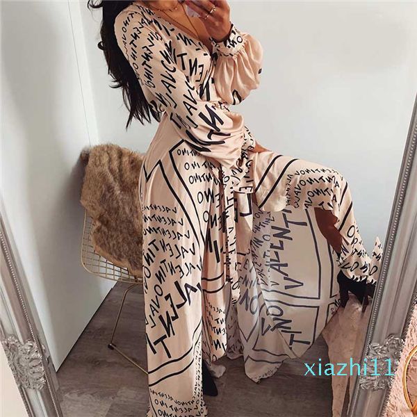 

neck satin dress women 2019 vintage long sleeve autumn summer beach dress wrap letter print long dress v, Black;gray