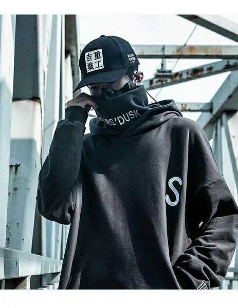 

national autumn and winter coat men's loose hip-hop fashion brand coat woolnational woolhigh collar hooded fleece sweater fashion ins e, Black