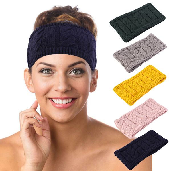 Double Layer Warmer Ear malha Headband Para Mulheres Crochet Bow largas trecho Hairband Headwrap Cabelo Acessórios Lady Turban