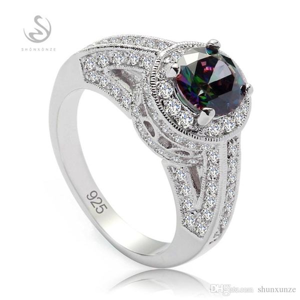 

shunxunze shinning 925 sterling silver engagement wedding rings jewelry career for noble women rainbow cubic zirconia s-3798 size 6 7 8 9, Golden;silver