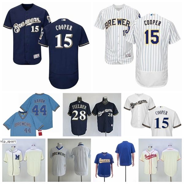 

men baseball vintage 15 cecil cooper jerseys 28 prince fielder 14 kent hrbek 44 hank aaron 1913 1948 retire navy blue white beige, Blue;black