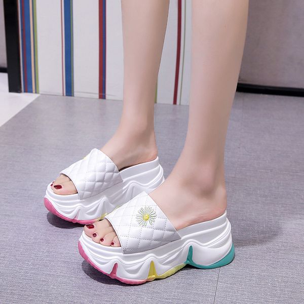 

flower platform wedge slippers women sandals pu leather open toe slippers rainbow sole summer wedge shoes women sandals 2020, Black
