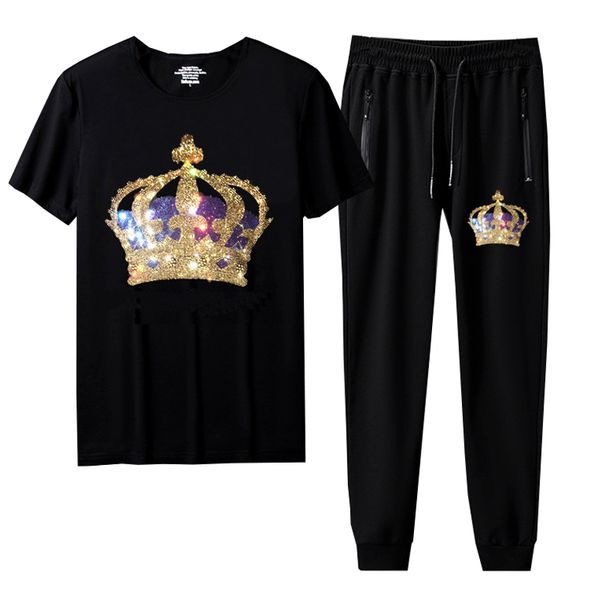 

summer casual tracksuits mens 2 piece rhinestone designer short-sleeve t shirts and pants set - fashionable crew neck tee pant cotton blend, Gray