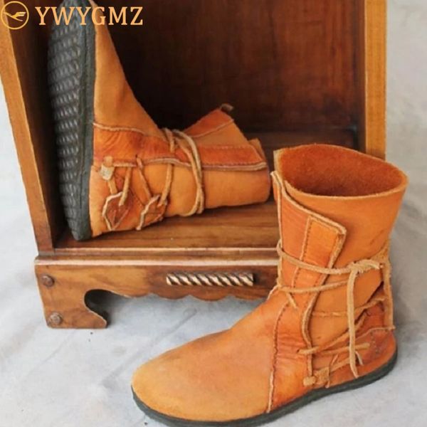 

pu leather women boots lace up flat with platform ladies shoes autumn winter vintage western mid calf boots zapatos mujer, Black