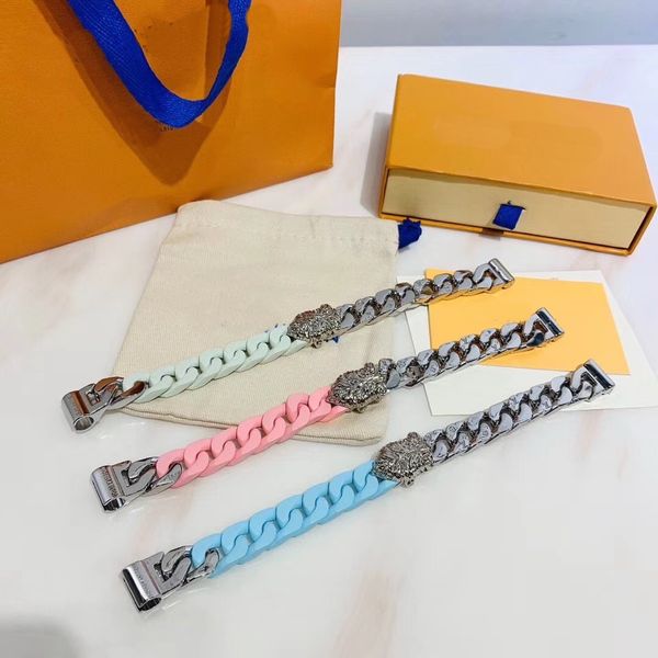 

europe america fashion men lady women engraved v initials four leaf flower 3 color ceramic silver-metal thick chain links sculpture bracelet, Black