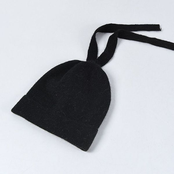 

korean women girls winter thicken plush knitted hat with long ribbon bowknot stretchy solid color cuffed beanie cap ear warmer, Blue;gray