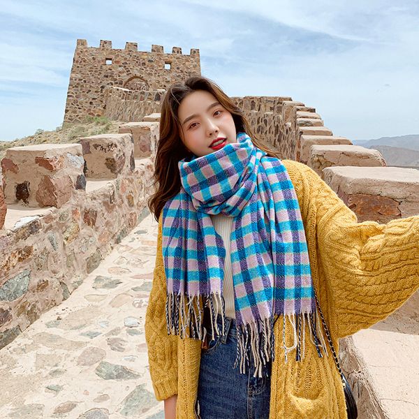 

scarves royalmaybe contrasting color small plaid scarf 2021 autumn and winter long style warm tassel shawl women for ladies, Blue;gray