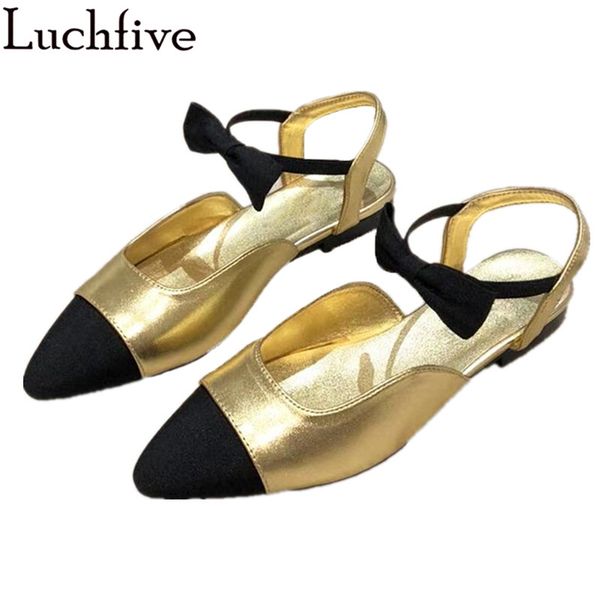 

new ankle strap bowknot sandals women gold black round toe splicing designer sandals brand dress party shoes flat mujer
