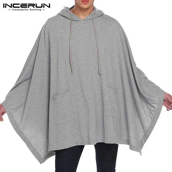 

casual long sleeve loose coats incerun mens leisure hoodies cloak cape fashion solid color sweatshirts man pockets poncho s-5xl7, Tan;black