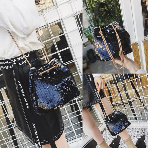 

3 colors fashion chain shoulder bag evening party bucket sequin bag for women 2020 grils handbags female large capacitty handbag