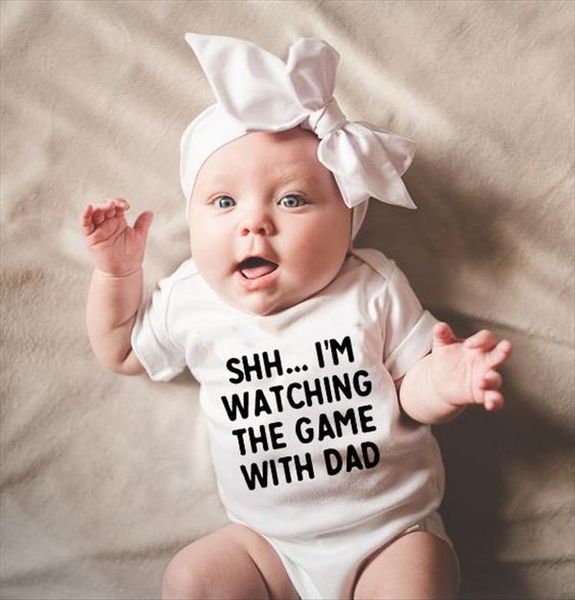 

i am watching the game with dad print baby rompers body suits newborn boys girls one pieces clothes printed baby ropa bebe, Blue