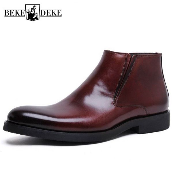 

autumn genuine leather high shoes men business dress shoes comfortable italian designer pointed toe side zip ankle boots, Black