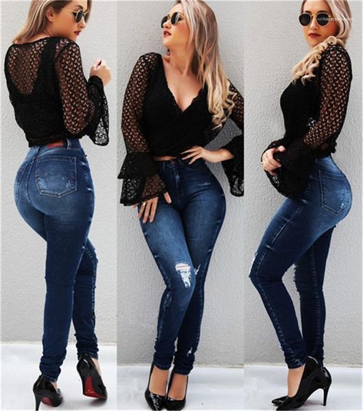 

slim skinny high waist elasticity pencil pants fashion womens jeans holes designer jeans women casual, Blue