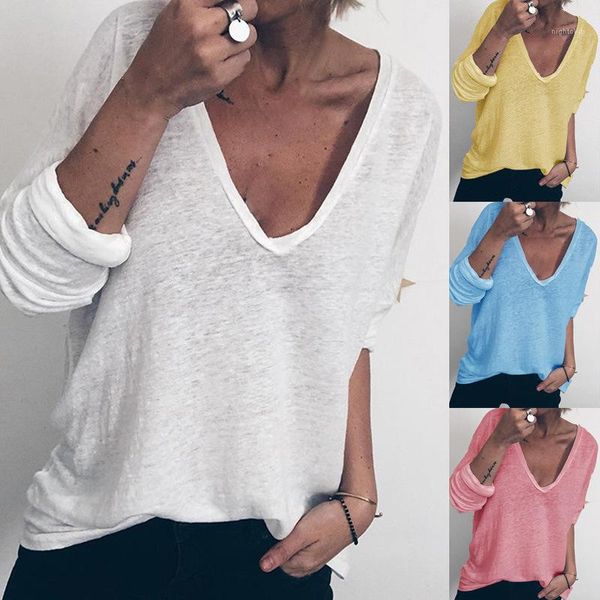 

designer tshirt loose solid color prined v neck long sleeve female clothing dropshipping autumn womens, White