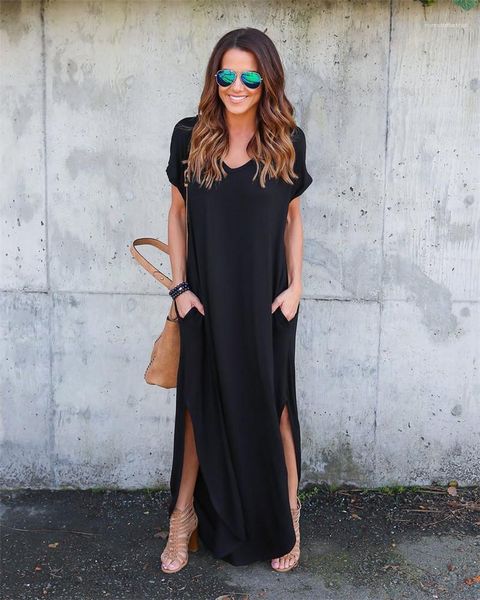

deep v neck loose show thin womens fashion dresses females clothing street wear solid womens casual dresses, Black;gray
