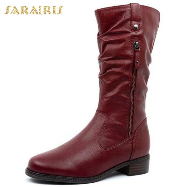 

sarairis 2020 new arrivals big size 43 thick heels mid calf boots woman shoes comfortable zip up retro shoes ladies boots, Black