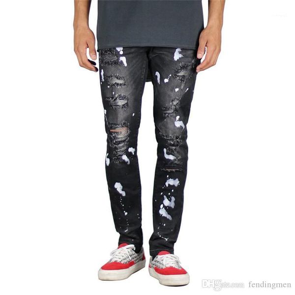 

designer jeans fashion splashing ink and paint zipper fly washed ripped jeans personality street mens pants new arrival mens, Blue