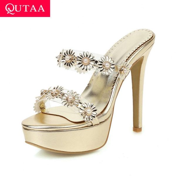 

qutaa 2020 sexy тонкий каблук лето женщины обувь кожа pu цветы сандалии платформы slingback повелительниц насосов размер 34-43, Black