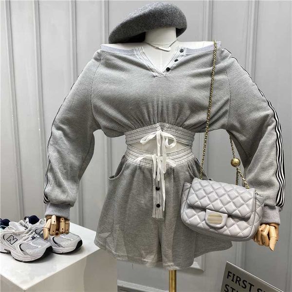 

women's tracksuits 2021 gray round neck long sleeve short sweater girdle elastic high waist shorts woman suit casual fashion autumn tz3