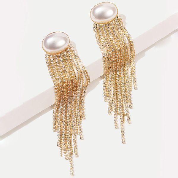 

hoop & huggie long crystal tassel earrings for women gold color wedding drop bohemia baroque pearl dangle fashion ear rings, Golden;silver