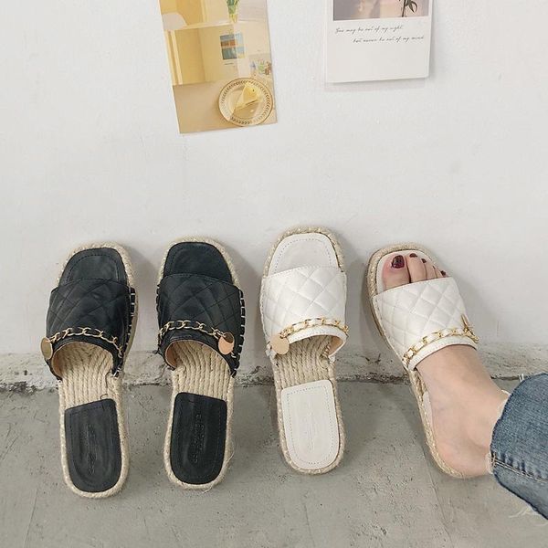

cane weaving sewing chains sandale femme open toe flats espadrilles slippers metalic decoration knitted sandals women 2020, Black