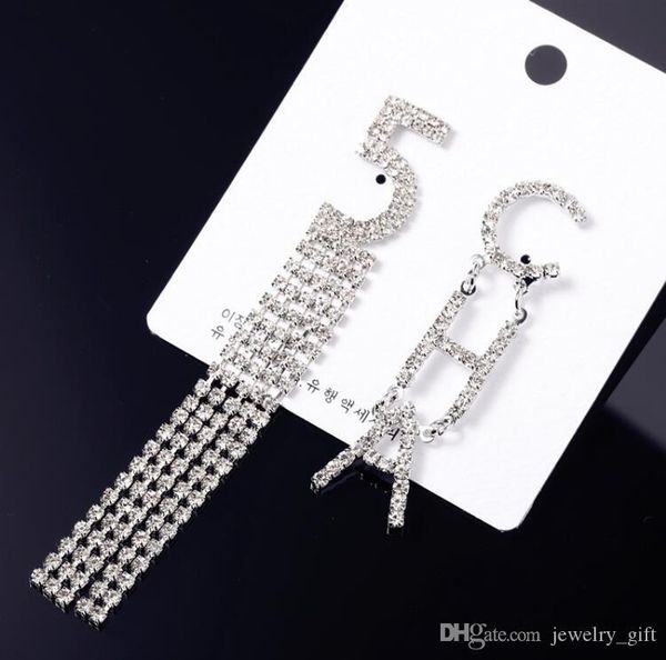 

s925 серебряная игла 2019 новый алмаз блестящие серьги стержня цифровые серьги письмо преувеличены кристалл кисточкой серьги, Gray