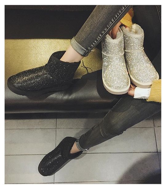

snow boots winter ankle boots women shoes fur warm female plus size casual shoes platform non slip gold bling lack up, Black