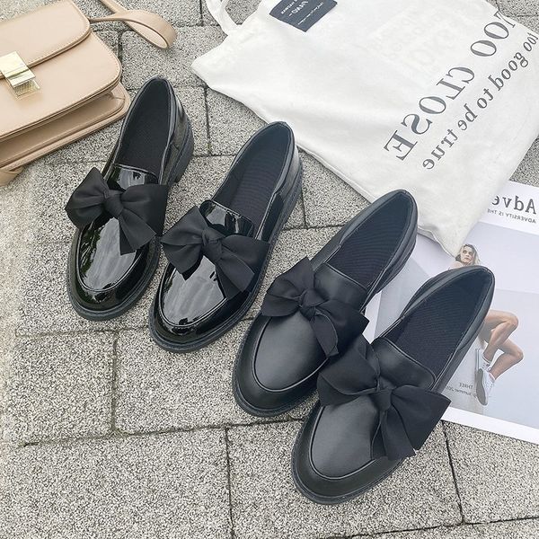 

autumn 2020 oxford shoes for women new round toe bow knot solid black shoes woman slip on thick heels leather casual