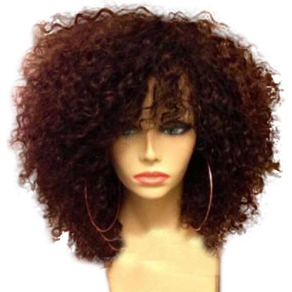 

lace wigs kinky curly human hair wig with bangs natural scalp machine made for black women brazilian remy 180% density, Black;brown