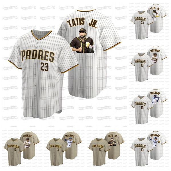 

23 fernando tatis jr. san diego 2020 13 manny machado ptinted portrait baseball jersey atitched name and number white brown cool base, Blue;black