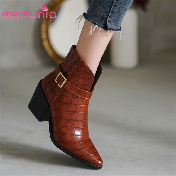 

memunia 2020 горячей продажи толстый каблук западные сапоги женщина камень шаблон заостренный носок осень зима ботинки женщин ботинки, Black