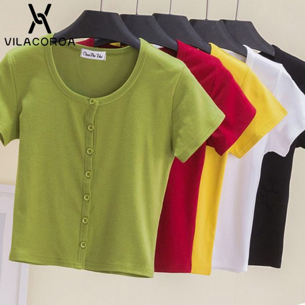 

women's t-shirt cotton o neck button female t shirt basic korean vintage red high waist crop casual solid color tee slim women tshirt, White