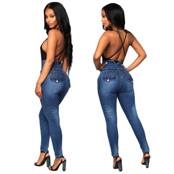 

women's jeans high waist elastic skinny denim long pencil pants women, Blue